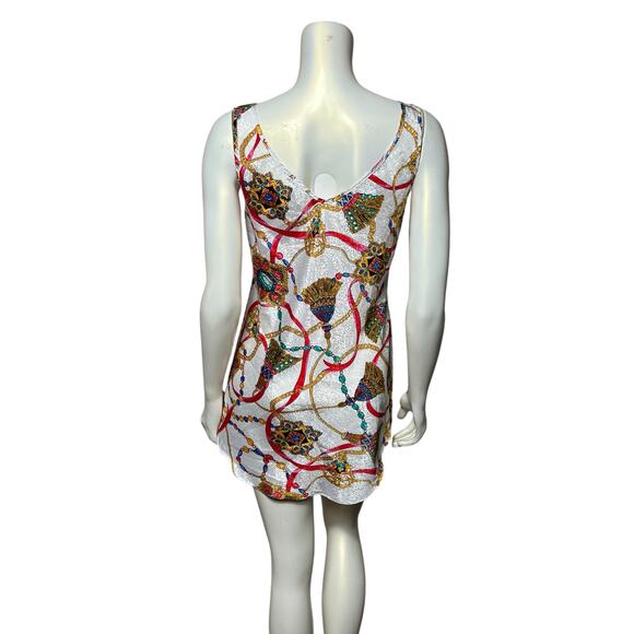 Vintage Bonjour White Mini Dress Gold Chain Scarf Jewelry Print Y2K Baroque XS/S - Picture 4 of 9